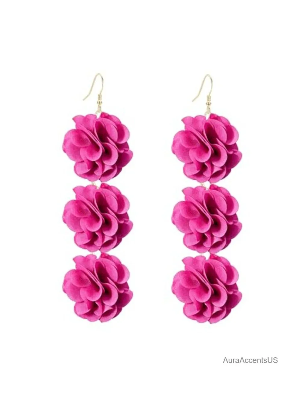 Fabric Flower Dangle Earrings Gold Fish Hook Lightweight Boho Statement